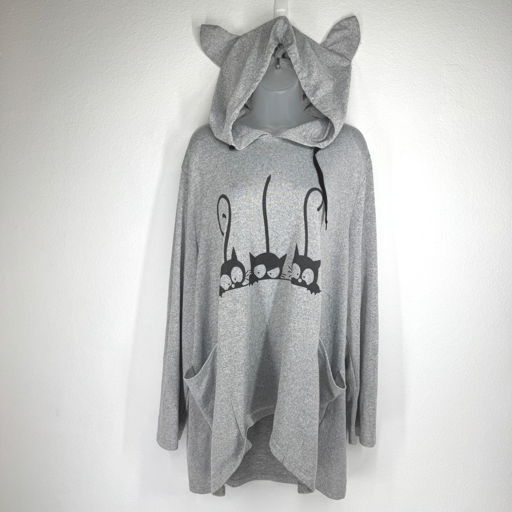 Womens 3XL Cat Lady Ear Hooded Sweatshirt Gray Graphic Peeking Cats Hoodie Goth
